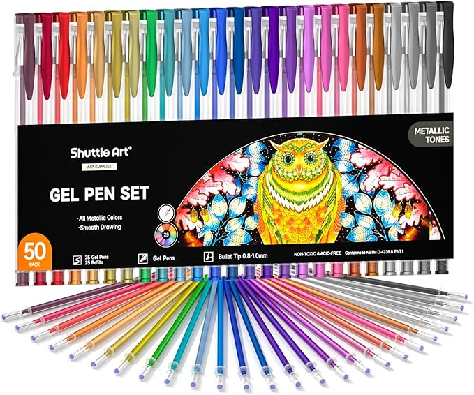 Shuttle Art 50 Pack Metallic Gel Pens, 25 Metallic Gel Pens Set with 25 Refills Perfect for Adult Coloring Books Doodling Drawing Art Markers