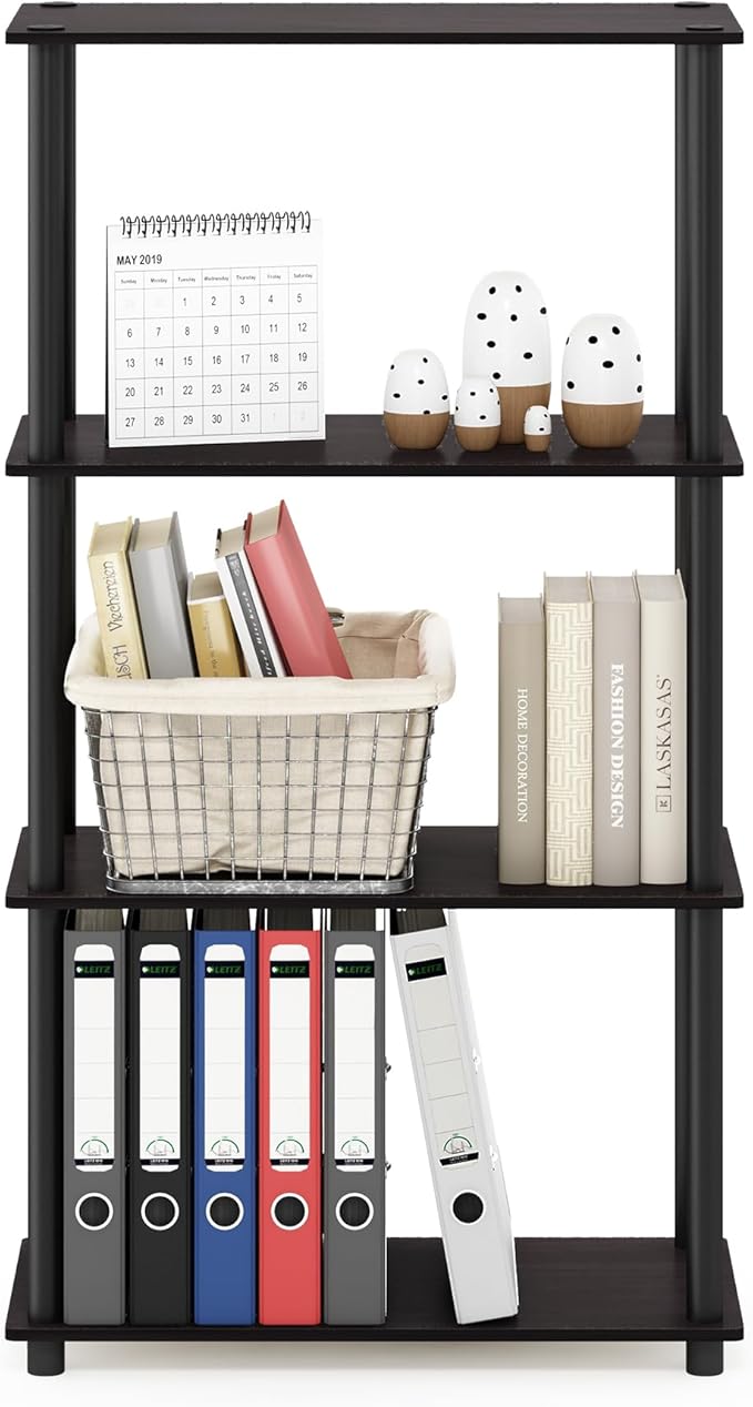 Furinno Turn-N-Tube 4-Tier Multipurpose Shelf Display Rack, Round Tubes, Dark Walnut