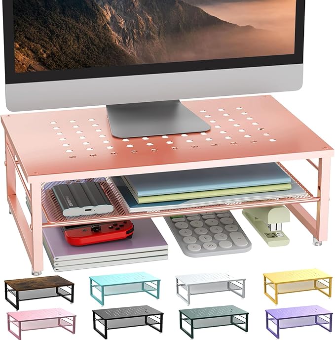 gianotter 2-Tier Metal Monitor Stand Riser, Desk Organizer for Monitor, Office Desk Storage Organizer for Office Supplies (Rose Gold)