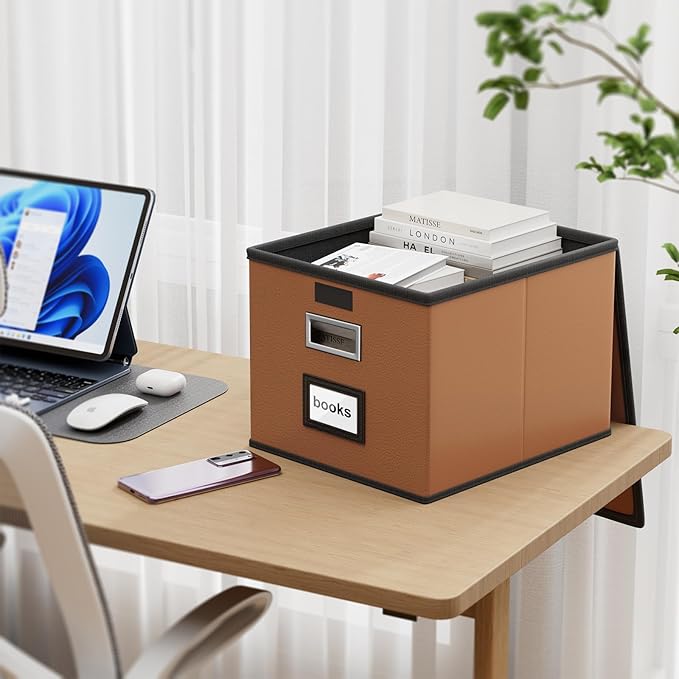 Huolewa Faux Leather File Organizer Box with Lid, Collapsible Hanging File Folder Box Organizer with Plastic Slides, Decorative Home/Office Filing System Boxes for File and Folder Storage