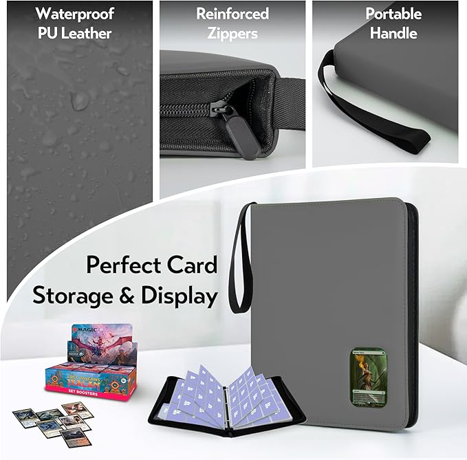 Card Binder 9 Pocket, Trading Card Binder with Clear Window Design, 720 Double Sided Pocket PU Collection Binder, Card Albums for MTG, TCG, and Sports Cards(Grey)