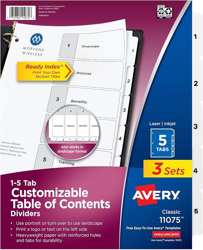 Avery Dividers for 3 Ring Binders, 5 Tabs per Set, Customizable Table of Contents, Classic White Tabs, Great for Organizing Reports, Projects, and More (3 Sets of 11075)