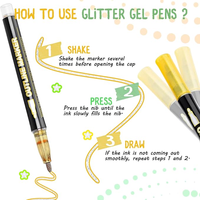 48Colors Outline Glitter Markers, Coloring Shimmer Metallic Markers for Stocking Stuffers, Glitter Gel Drawing Pens Set for Christmas Gifts, Art Supplies, Metallic Sharpie Pens Gifts for Teen Girls
