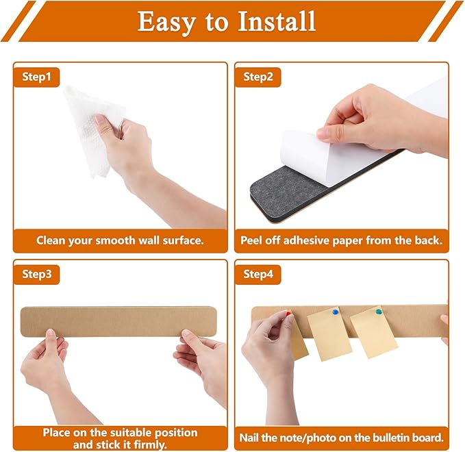 8Pcs Rectangle Felt Cork Board Bar Strips with 35 Pushpins, Self-Adhesive Bulletin Board Strips for Office School Home Wall Decor Stickers Memos Schedules Photos Display -Gradual Green