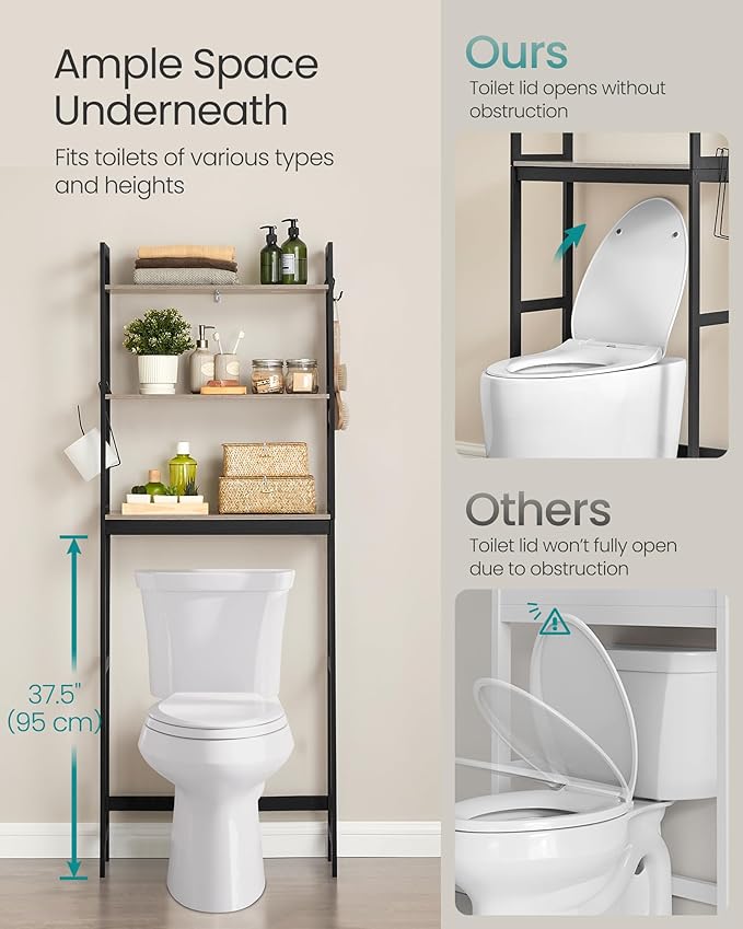 SONGMICS Over-The-Toilet Storage, 3-Tier Bathroom Organizer Over Toilet with Adjustable Shelves, Hooks, Bamboo, Freestanding Space Saver Bathroom Shelves, Heather Greige and Ink Black UBTS012W01