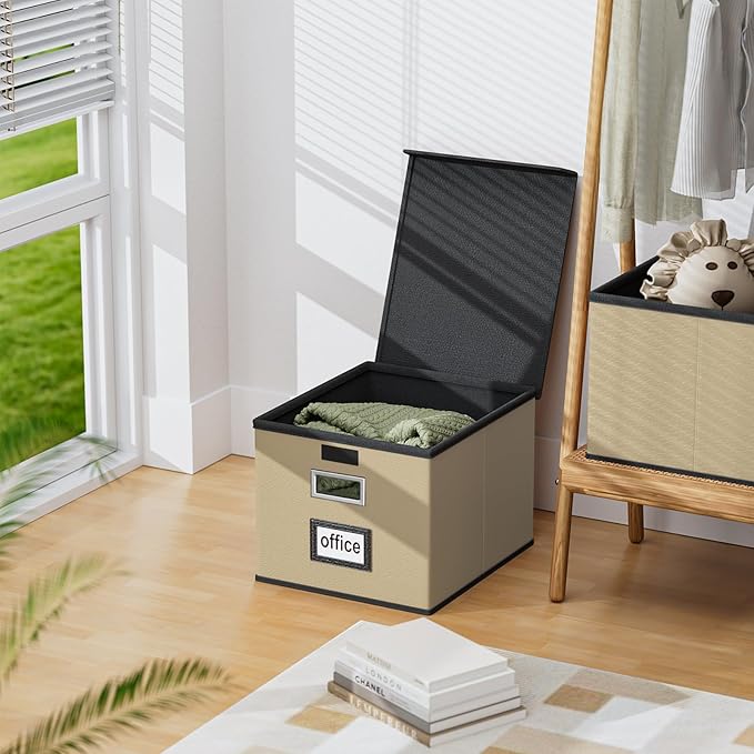 Huolewa File Organizer Boxes with Lids, Collapsible Faux Leather Hanging File Folder Box Organizer with Plastic Slide, Decorative Home/Office Filing System Boxes for File and Folders Storage