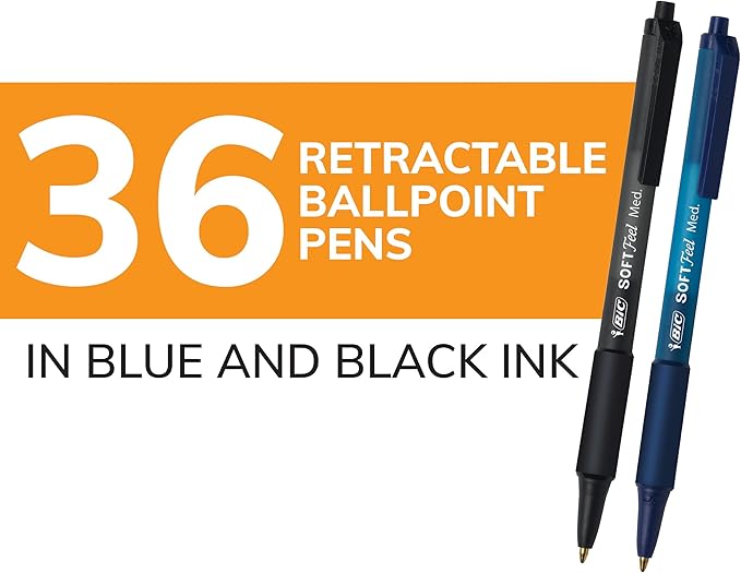 BIC Soft Feel Retractable Ballpoint Pen with 1.0 mm Medium Point and No-Slip Grip, 36-Count in Assorted Ink