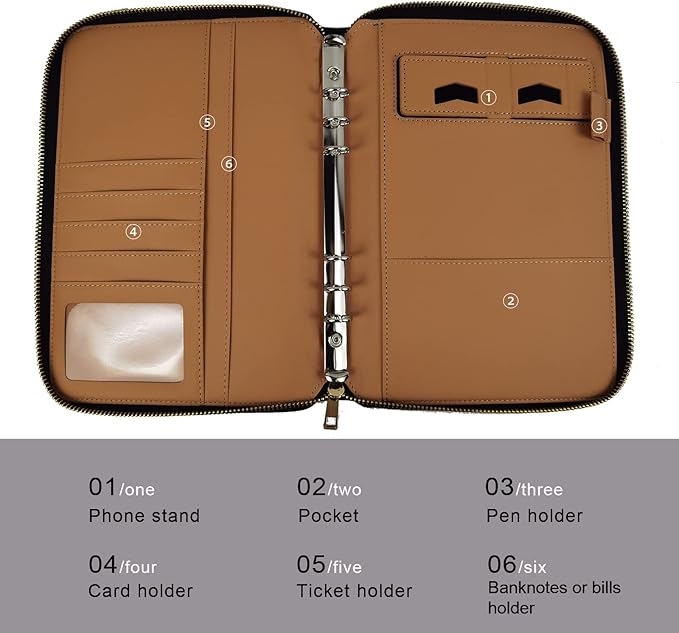 A5 Binder Case PU Leather Portfolio Budget Binder Refillable Notebook Planner Cover with Zipper 6 Rings Money Document Organizer for Business Interview (Grey)