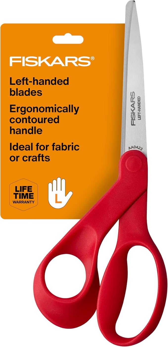 Fiskars Left-Handed Scissors, Precision Cutting for Craft Fabric Paper, Ergonomic Comfort Grip, Stainless Steel, 8", Red