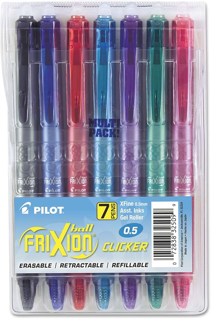 Pilot FriXion Clicker Erasable Gel Pens, Extra Fine Point 0.5 mm, Pack of 7, Assorted Colors
