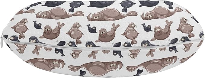 Ambesonne Sea Animals Travel Pillow Neck Rest, Seals Illustration Sea Lion Exotic Tropical Comic Graphic Wild Ocean, Memory Foam Traveling Accessory for Airplane and Car, 12", Cadet Blue Mauve