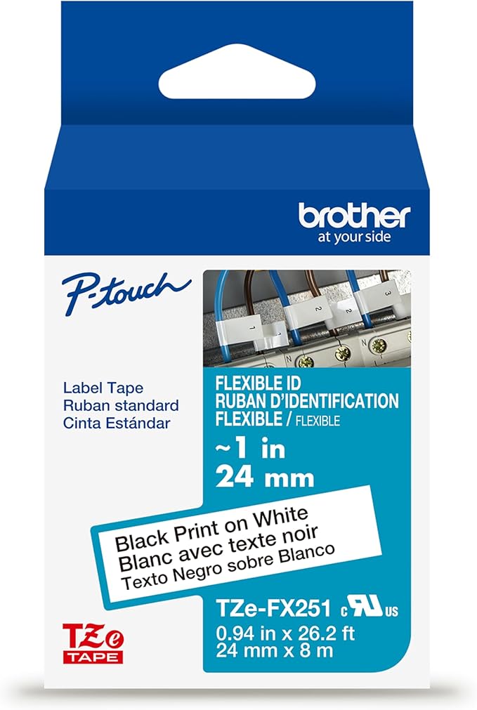 Brother Genuine P-Touch TZe Black Print on White Label Tape (TZeFX251), Flexible ID Laminated, 1in x 26.2ft (24mm x 8m), for Select P-Touch Label Makers, Durable, Cable Wrap, Water-Resistant