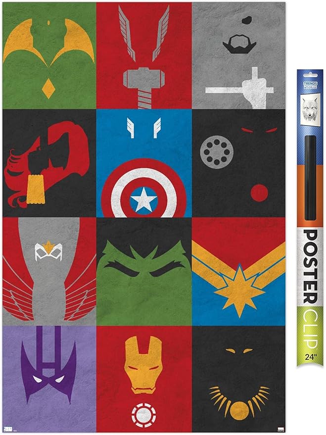 Trends International Marvel Comics - Avengers - Minimalist Grid Wall Poster, 22.375" x 34", Premium Poster & Clip Bundle