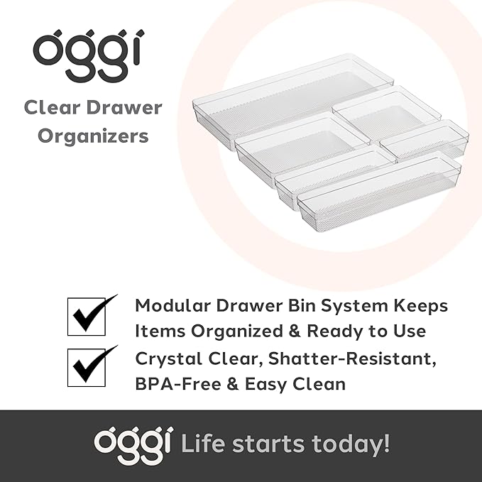 Oggi Clear Drawer Organizer - 6" X 6.25"- Ideal for Organizing Kitchen Drawers, Office, Desk, Silverware, Kitchen Utensils, Cosmetics and Bathrooms - Set of 6