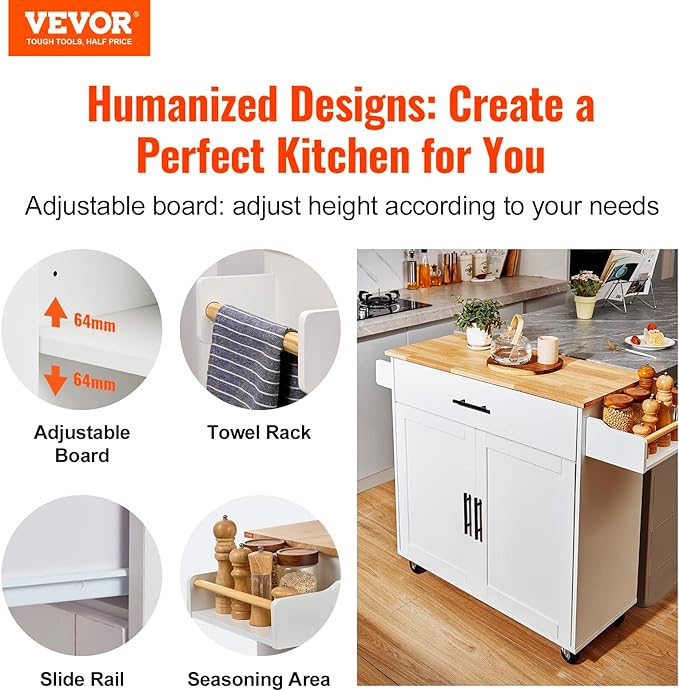 VEVOR Kitchen Island Cart with Solid Wood Top, 35.4" Width Mobile Carts with Storage Cabinet, Rolling Kitchen Table with Spice Rack, Towel Rack, Drop Leaf and Drawer, Portable Islands on Wheels, White