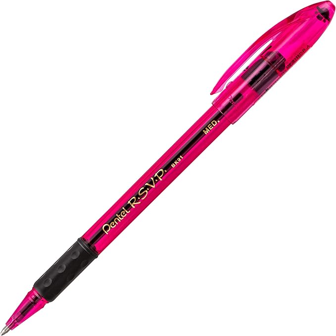 Pentel RSVP Razzle-Dazzle Ballpoint Pen, (1.0mm) Medium Line, Pink Barrel, Black Ink, Box of 12 (BK91RDP-A)