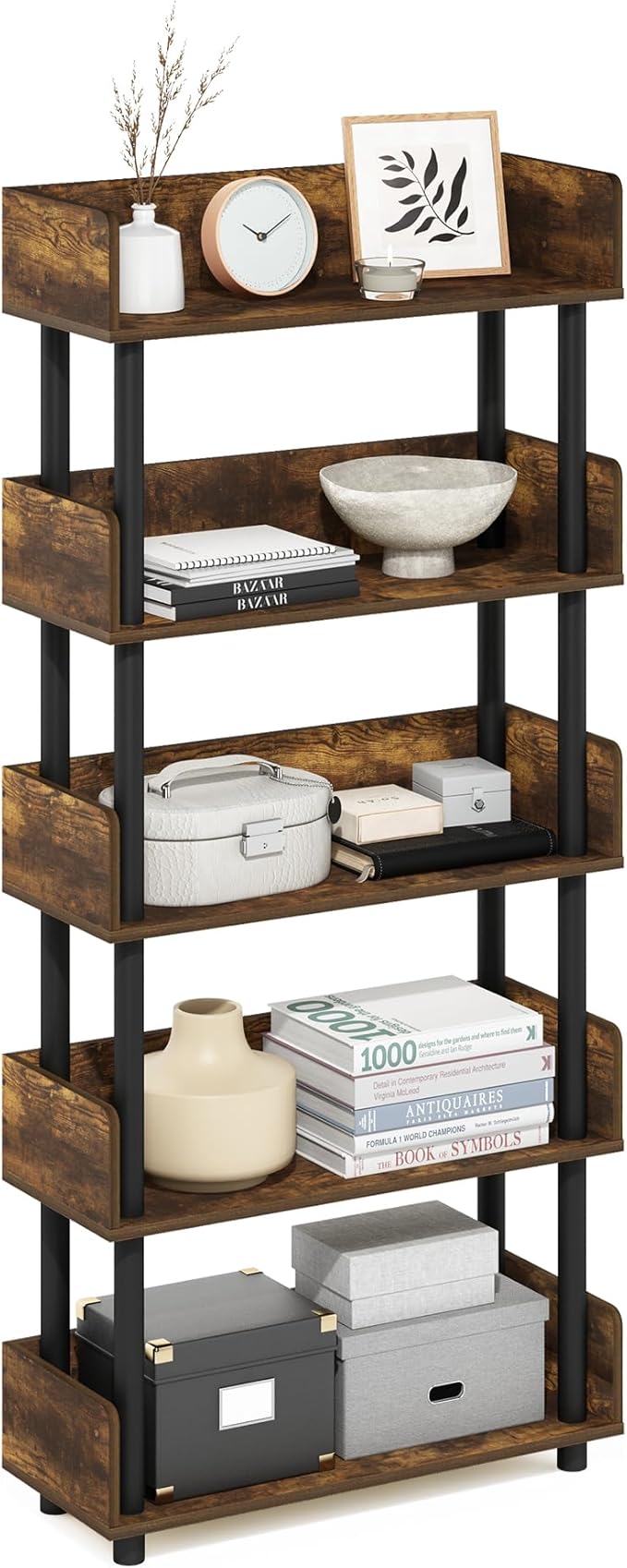 Furinno TURN-N-TUBE 5-Tier Display Shelf, Storage Shelves, Book Shelf, Open Shelves with Rounded Corner Top Edges, for Organization and Storage, Living Room, Home Office, Amber Pine