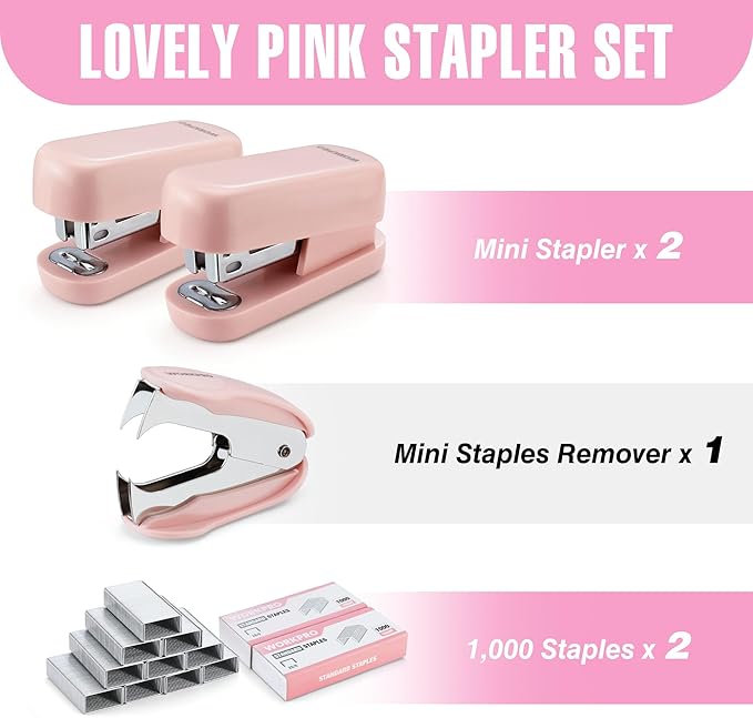 WORKPRO Mini Stapler with Staples, Pink Stapler Set Includes Two Small Staplers, One Staple Remover, 2000 Standard Staples - Cute Staplers for Desk with Non-Slip Base, Lock Design - Pink Ribbon