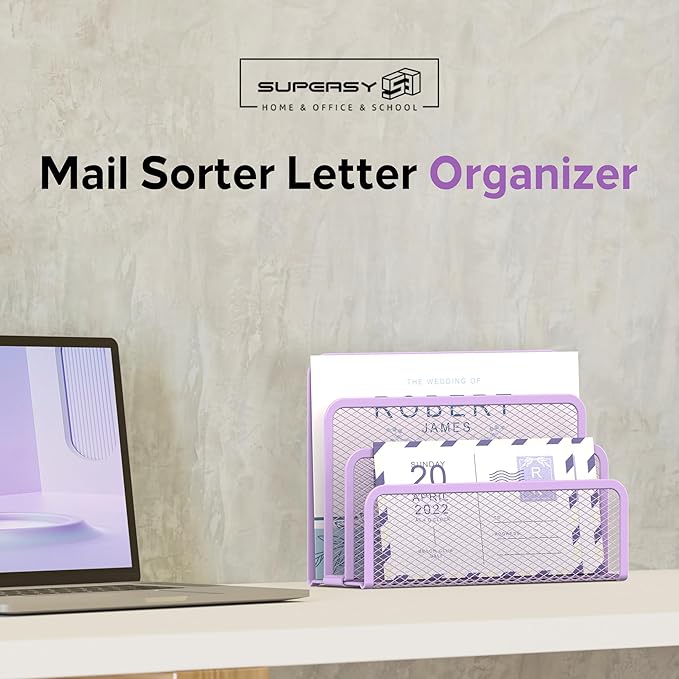 SUPEASY Mail Organizer for Desk, Mesh Metal Mail Holder Countertop with 3-Slot, Letter Sorter File Holder, Office Envelope Organizer for Mails (Purple)