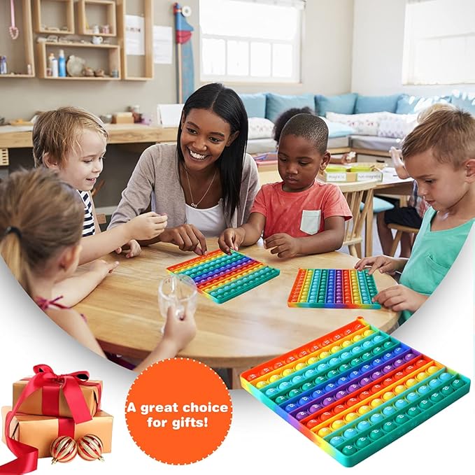 AK-SHIP 7.8in Big Size P0pp Math Toys , Rainbow Square Fidget Ttoy 100bubbles Stress Relieving Fidget Game for Teachers to Create Kinds of Math Manipulatives【with 1-100 Numbers Tables】