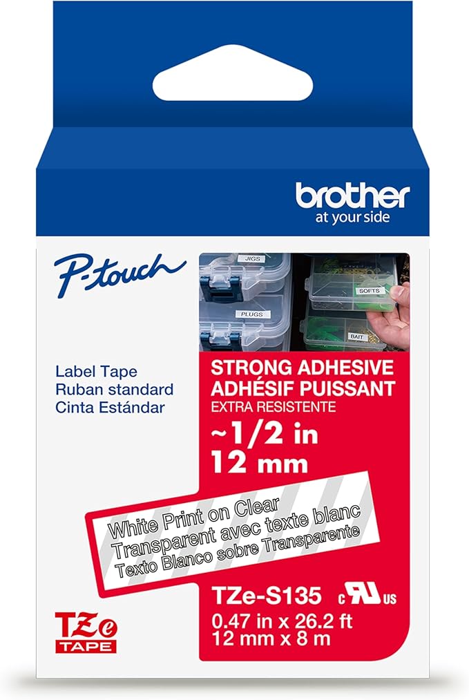 Brother Genuine P-Touch TZe, White Print on Clear, Strong Adhesive Laminated Label Tapes (TZeS135), ~1/2in x 26.2ft (12mm x 8m) for Select P-Touch Label Makers, Water-Resistant, Extra-Strength