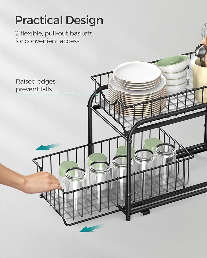 SONGMICS 4-Tier Pull Out Cabinet Organizers, Under Sink Organizer, Bathroom Organizer and Storage, Sliding Basket Drawers, Stackable for Kitchen, Bathroom, Ink Black UKCS017B02