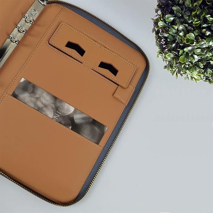 A5 Binder Case PU Leather Portfolio Budget Binder Refillable Notebook Planner Cover with Zipper 6 Rings Money Document Organizer for Business Interview (Grey)