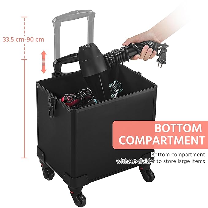 Yaheetech 4 in 1 Professional Makeup Train Case Aluminum Cosmetic Case Rolling Makeup Case Extra Large Trolley Makeup Travel Organizer, with 360° Swivel Wheels, Black