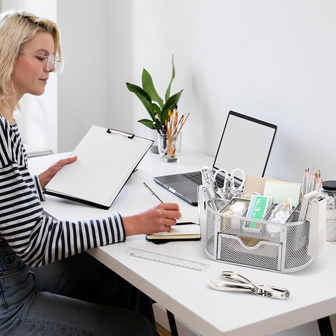 17 in1 Silvery Desk Organizers and Accessories Set, 3 Office Desk Supplies Storage Organization, 4 Pens, Stapler, Staples & Remover, Tape & Dispenser, Scissors, Ruler, Clips, Hole Punch Back to School
