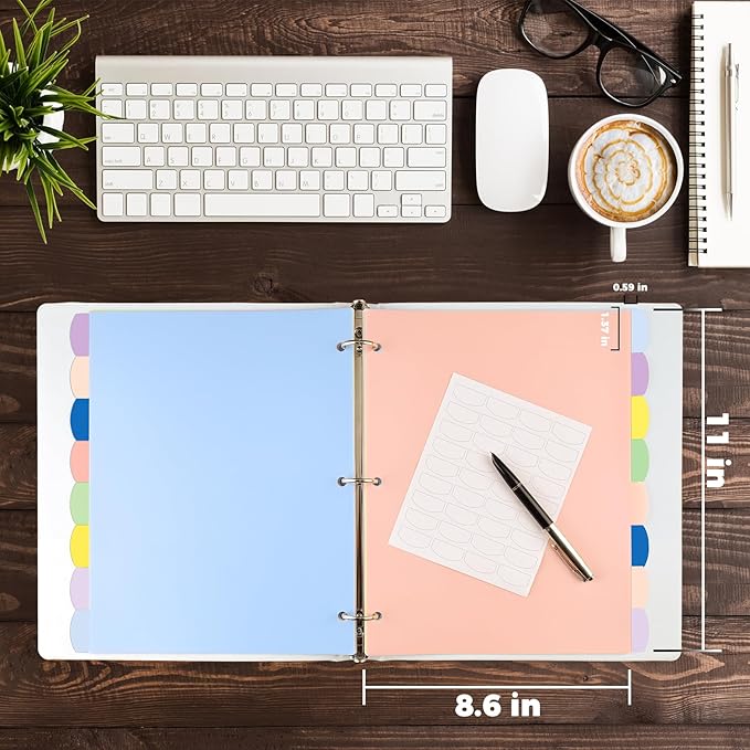 HABGP 96Pcs/12 Set 3 Ring Binder Dividers with Tabs, 8 Color Tab Divders for 3 Ring Binder, Plastic Pastel Page Folder Dividers Sheet Protectors, Three Ring Binder Index Dividers for Notebook