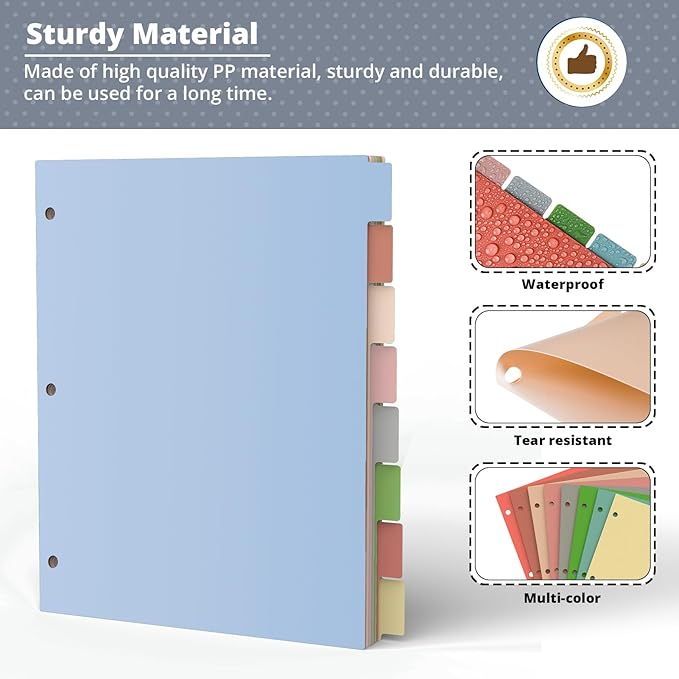 Dividers for 3 Ring Binder, Plastic 3-Hole Punched Letter Size 8-Tab Dividers, Bulk 96Pcs 12 Set Letter Size Multicolor Index Dividers for School Office Supplies