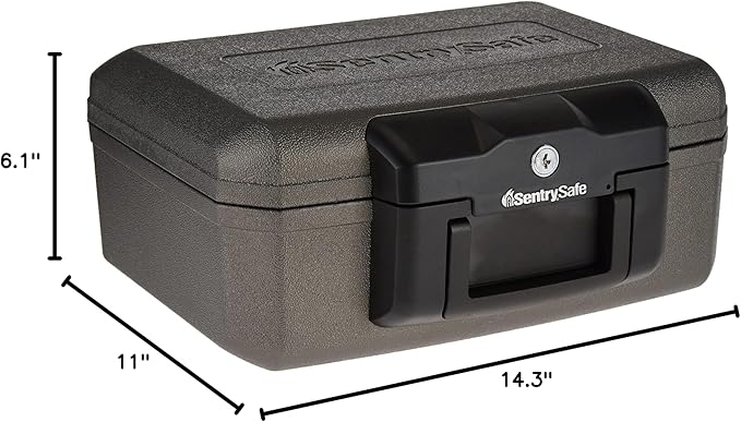 SentrySafe Fireproof Safe with Key Lock, Chest Lock Box for Home or Travel Secures Money, Documents, 0.18 Cubic Feet, 6.1 x 14.3 x 11.2 Inches, 1210