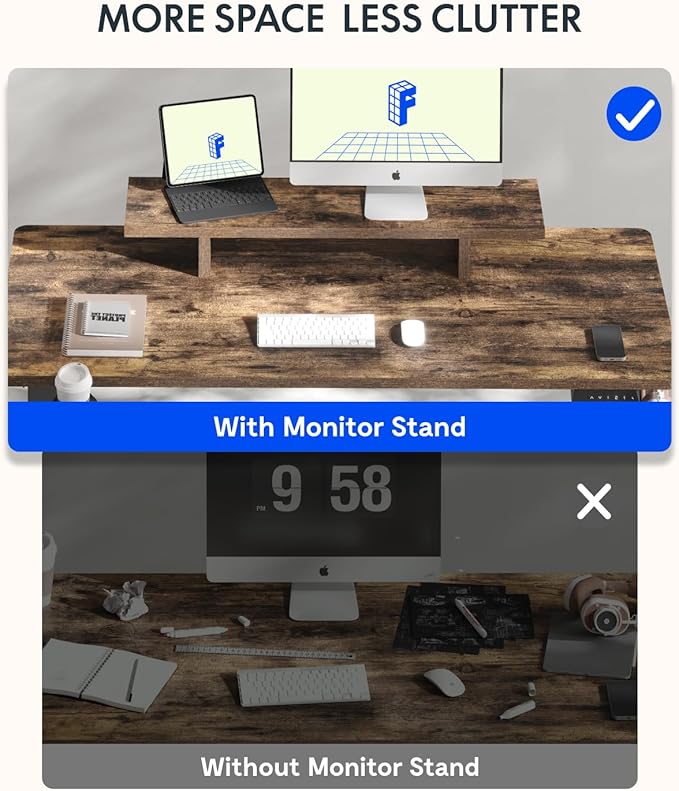 FLEXISPOT Standing Desk with Monitor Stand, 55 x 24 Inches One-Piece Electric Height Adjustable Computer Desk with Cup Holder, Home Office Desks (Black Frame+ Rustic Top)