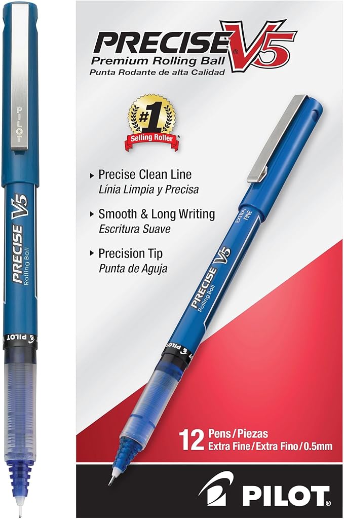 Pilot Precise V5 Rollerball Pens, Extra Fine Point 0.5 mm Blue Pens, Blue, Pack of 12 - Ideal for School, Journaling & Office Writing