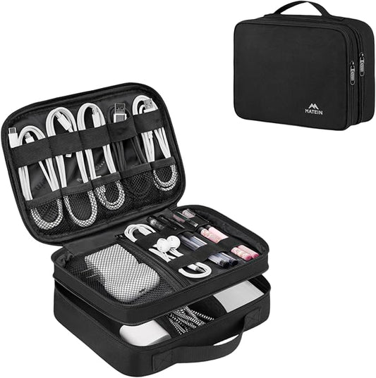 MATEIN Electronic Organizer Travel Case, Small Double Layers Cable Organizer for Travel Accessories, Water Resistant Portable Tech Case for Phone, Cords, Charger, Earphone, Tech Gifts, Black