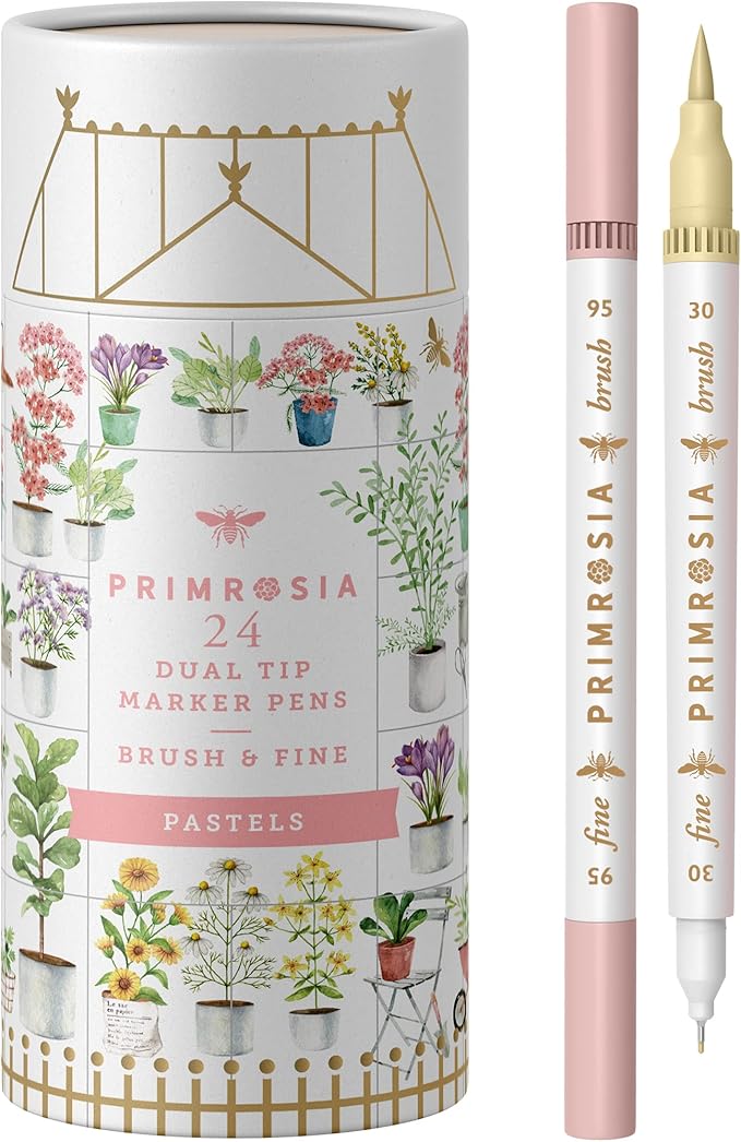 Primrosia 24 Pastel Dual Tip Markers, Fine Tip and Brush Pens. Perfect for art, illustration, drawing, calligraphy and bullet journals
