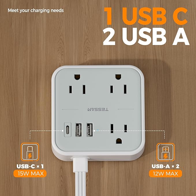 Cruise Essentials, TESSAN Flat Plug Travel Power Strip, Non Surge Protector for Cruise Ship, 3 Outlets 3 USB (1 USB C), 5 FT Extension Cord Small Power Strip with Ring Pull, Portable for Travel