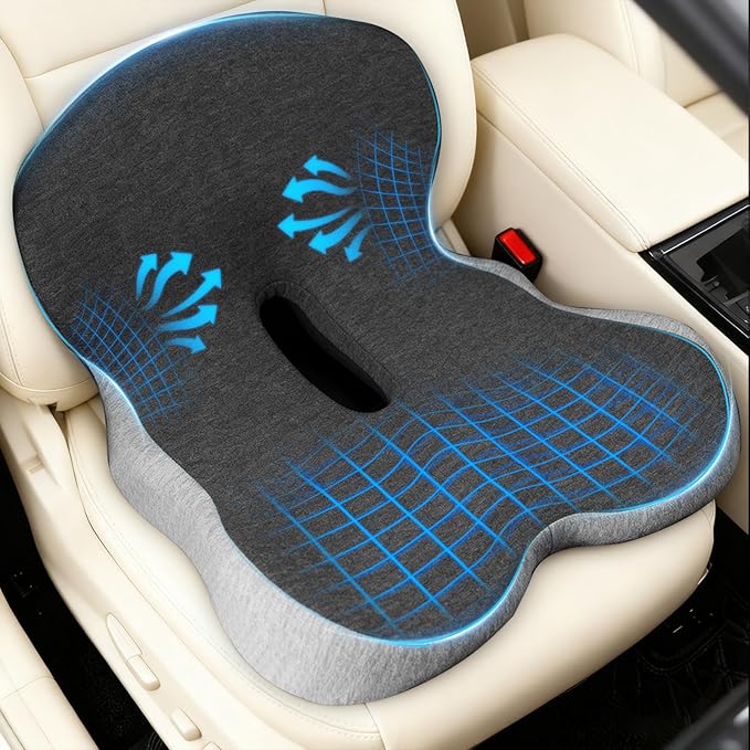 Denchy Car Seat Cushion with Lumbar Support for Long Sitting, Ergonomic Memory Foam Driving Seat Cushions for Semi Truck Bus Driver Trucker, Non Slip Office Chair Cushion (Dark Light Gray)