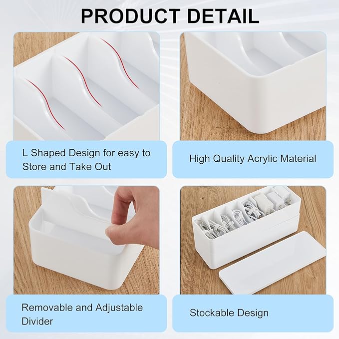 Tatuo 4 Pcs Cable Organizer Box with Wire Ties, Plastic Cord Storage Box with Lid, Electronics Organizer for Home Office Desk Organizers and Accessories (White)