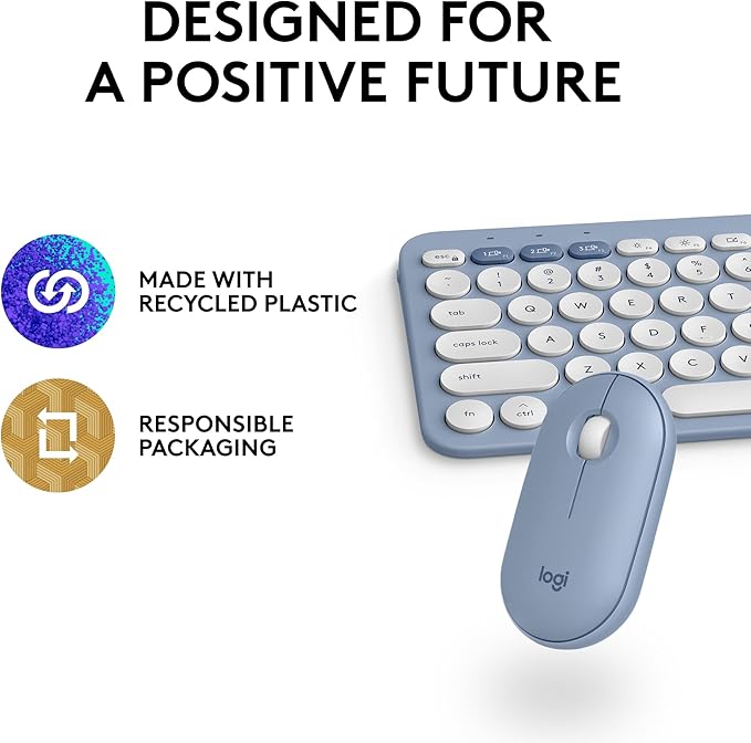 Logitech Pebble 2 Combo for Mac, Wireless Keyboard and Mouse, Slim, Quiet and Portable, Customizable, Bluetooth Mouse and Keyboard, Easy-Switch, for macOS, iPadOS - Tonal Blue