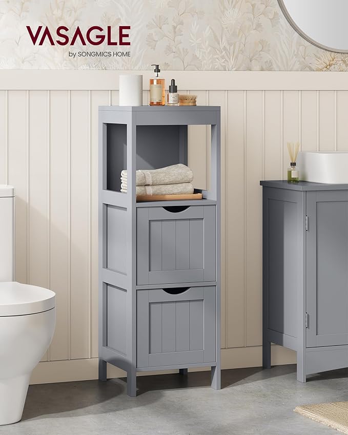 VASAGLE Storage Cabinet, Storage Organizer Rack Stand for Bathroom, Living Room, Bedroom, Multifunctional Corner Unit, 2 Drawers, 35 Inches in Height, Dove Gray UBBC042G02
