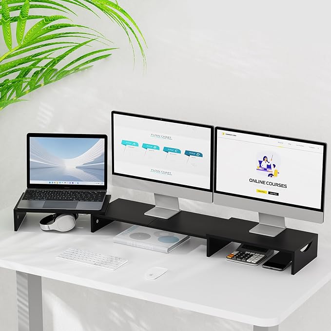 Triple Monitor Stand Riser, Extra Long Monitor Riser for 1~2~3 Monitors, Dual Monitor Stand with Length and Angle Adjustable, 3 Shelf Monitor Stand for Desk