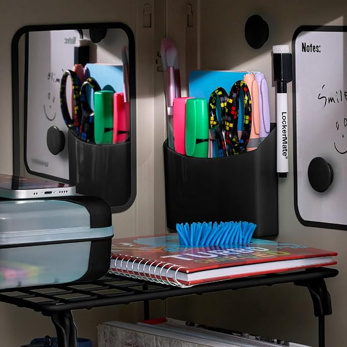 LockerMate 7-Piece Locker Organizer Kit, Includes Locker Shelf, Mirror, Whiteboard, Storage Cup & Dry Erase Marker - Black