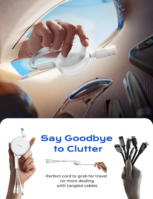 LISEN Multi Charging Cable, 3 in 1 Charging Cable, Retractable Car Charger with Type C/L/Micro USB Ports for iPhone 16 15 14 Pro Max/Samsung Galaxy S25/PS/Kindle, Multi Chargers for All Devices, White
