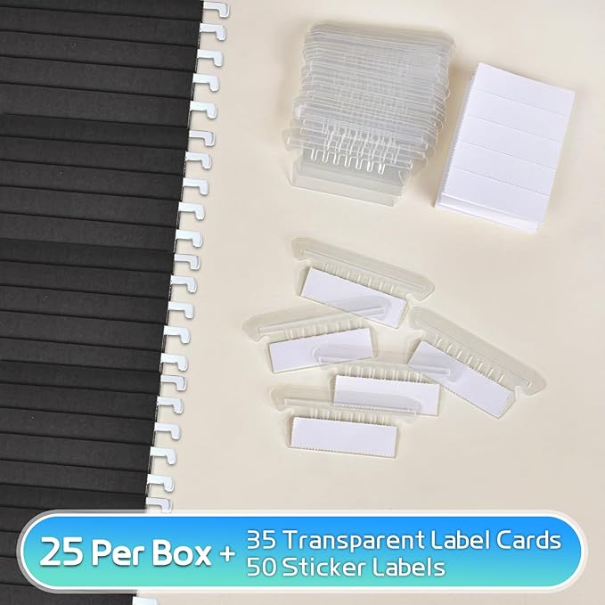25-Pack Black Hanging File Folders, Letter Size (8.5" x 11Inch), Includes 35 Transparent Label Cards & 50 Sticker Labels,1/5-Cut Tabs for Home & Office Organization