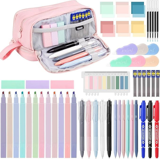 54 PCS Aesthetic School Supplies, Stationery Essentials Set with Large Pen Case, Mechanical Pencils & Black Ink Gel Pens with Refills, Markers, Erasers, Highlighters, Sticky Notes, Correction Tapes