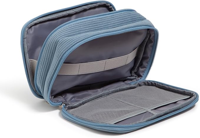 U Brands Dual Zip Corduroy Travel Electronics Organizer, Tech Carry Case, Portable Travel Bag, Cord Storage, 8" x 5.25" x 2.5", Haze Blue