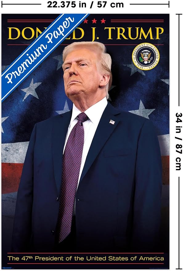 President Donald Trump - 47th President Wall Poster, 34L" x 22.4W", Premium Poster & Clip Bundle