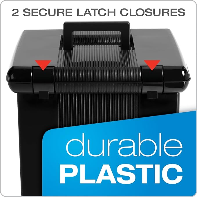 Pendaflex Portable File Box with File Rails, Simple Document Storage, File Bin for Home and Office, Hinged Lid with Double Latch Closure, Black, 3 Black Letter Size Hanging Folders Included (41742AMZ)
