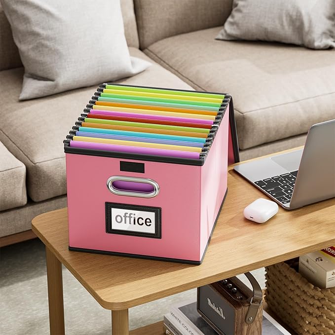Huolewa Portable Leather File Organizer Boxes with Lids, Office Document Boxes Organizer, Filing Boxes, Decorative Small File Boxes for Hanging Files, File Cabinet for Office/Home - 4 Pack